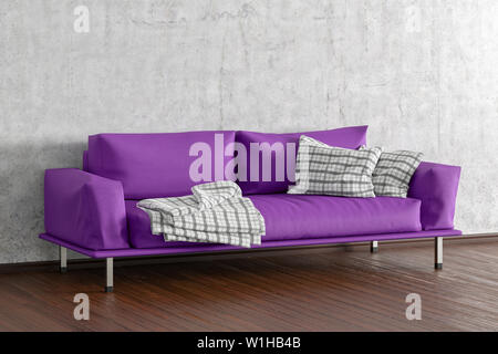 Fuchsia leather couch in interior of living room with wooden flooring and concrete wall. 3d illustration Stock Photo