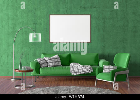 Horizontal blank poster on green concrete wall in interior of modern living room with green leather sofa and armchair, floor lamp and branches in vase Stock Photo