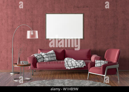 Horizontal blank poster on red concrete wall in interior of modern living room with red leather sofa and armchair, floor lamp and branches in vase on Stock Photo
