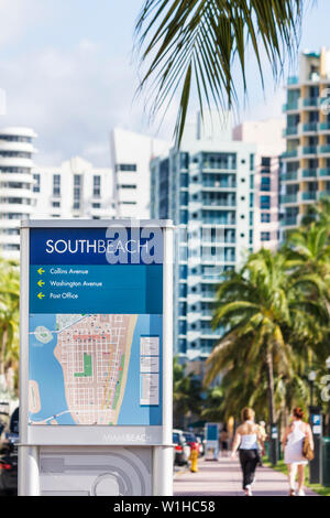 Miami Beach Florida,Ocean Drive,South Beach,sign,street,sidewalk,location,direction,visitor information,street map,branding campaign,FL091008066 Stock Photo