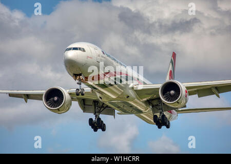 S2-AHN Biman Bangladesh Airlines Boeing 777-300 wheels down ready to land at london Heathrow airport. Stock Photo