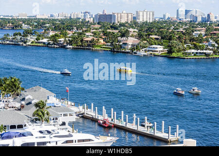 Fort Ft. Lauderdale Florida,Hilton Fort Lauderdale Marina,hotel,view,Intracoastal Stranahan River,waterfront,mansion,luxury,yacht,marina,boating,skyli Stock Photo