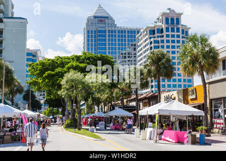 Fort Ft. Lauderdale Florida Beach,East Las Olas Boulevard,street fair,tent,man men male,woman female women,walking,building,trees,stroll,FL091010117 Stock Photo