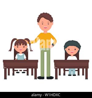students couple sitting in schooldesk with male teacher vector illustration Stock Vector