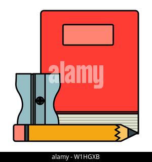 text book school supply with pencil and sharpener vector illustration design Stock Vector
