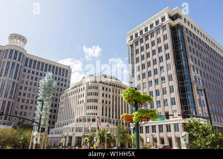 Orlando Florida,Orange Avenue,downtown,skyline,City Hall,building,office building,RBC Centura Bank,banking,district,government,Tower of Light,art,scul Stock Photo