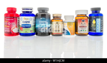 Winneconne, WI - 27 May 2019 : A collection of COq10 supplements on an isolated background Stock Photo