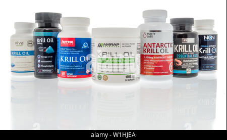 Winneconne, WI - 27 May 2019 : A collection of  Krill oil supplements on an isolated background Stock Photo