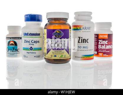 Winneconne, WI - 27 May 2019 : A collection of  Zinc supplements on an isolated background Stock Photo