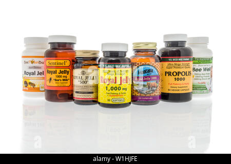 Winneconne, WI - 27 May 2019 : A collection of  Royal jelly supplements on an isolated background Stock Photo