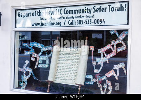 Miami Beach Florida,41st Street,Arthur Godfrey Road,Jewish Learning Center Chabad,window display sale fundraiser,Torah writing,religion,Judaism,herita Stock Photo