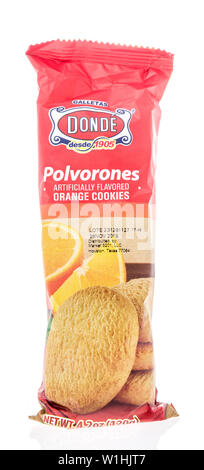 Winneconne, WI - 12 June 2019 : A package of Galletas Donde polvorones orange shortbread cookies on an isolated background Stock Photo