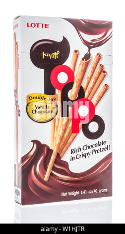 Winneconne, WI - 12 June 2019 : A package of Lotte toppo vanilla chocolate pretzel sticks on an isolated background Stock Photo