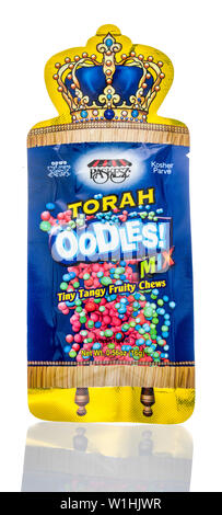 Winneconne, WI - 12 June 2019 : A package of Paskesz torah oodles tiny tangy frutiy chews on an isolated background Stock Photo