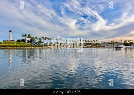 Shoreline Aquatic Park showing the lighthouse, sea and dramatic sky in Long Beach, California Stock Photo