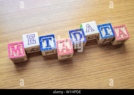 Educational toy cubes with letters organised to display word metadata - keywording and Search engine optimisation concept Stock Photo
