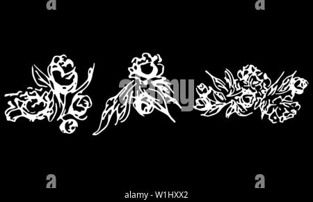 Abstract peonies and roses isolated on black background. Hand drawn floral collection. 3 floral graphic elements. Big vector set. Outline icons. Stock Vector