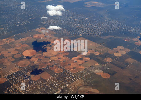 Aerial view of circular agriculture fields in the Arabian desert in the ...