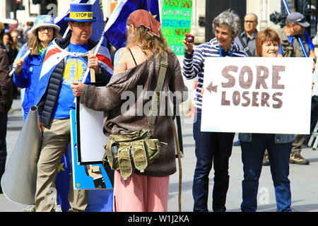 BREXIT SUPPORTERS HOLD A SIGN SORE LOSERS WITH AN ARROW POINTING TOWARDS A STOP BREXIT SUPPORTER IN PARLIAMENT SQUARE, WESTMINSTER, LONDON, UK ON 7TH MAY 2019. Stock Photo