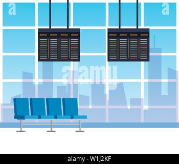 airport waiting room with screens and chairs Stock Vector