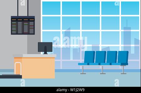 airport waiting room with chairs and desks with computer Stock Vector