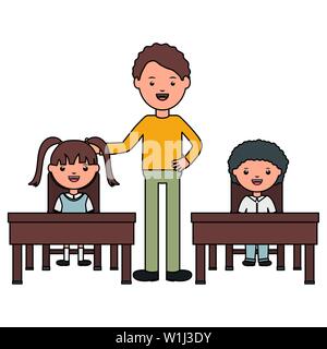 students couple sitting in schooldesk with male teacher vector illustration Stock Vector