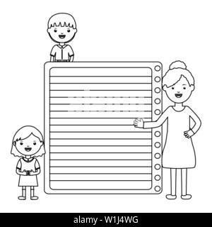 cute little students couple with female teacher and sheet vector illustration design Stock Vector