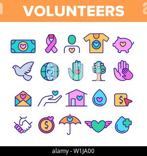 Volunteers, Charity Vector Color Line Icons Set Stock Vector