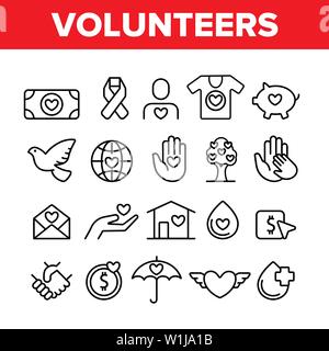 Volunteers, Charity Vector Thin Line Icons Set Stock Vector