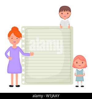 cute little students couple with female teacher and sheet vector illustration design Stock Vector