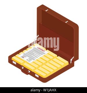 Brown briefcase with top secret documents and golden bars isometric view Stock Vector