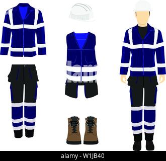 Man worker in uniform. Professional protective clothes, boots and safety helmet. Man's figure. Stock Vector
