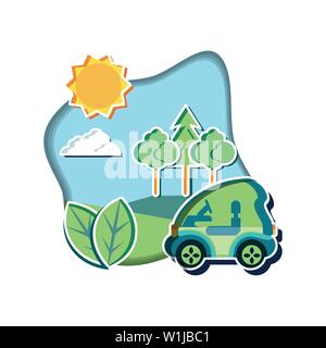 electric car with landscape natural and sun vector illustration design Stock Vector