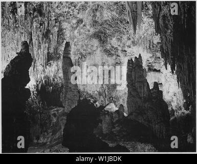 Stalagmites and stalactites, 'In the Queen's Chamber,' Carlsbad Caverns National Park, New Mexico., 1933 - 1942 Stock Photo