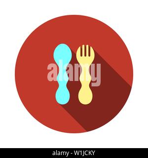 Baby Spoon And Fork Icon. Flat Circle Stencil Design With Long Shadow. Vector Illustration. Stock Vector