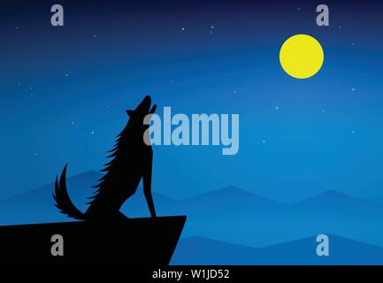 Wolf howling on top of mountain at full moon night, vector Stock Vector