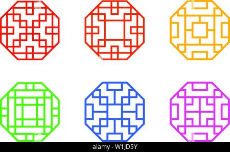 Octagon Chinese window frame with line pattern, vector art Stock Vector