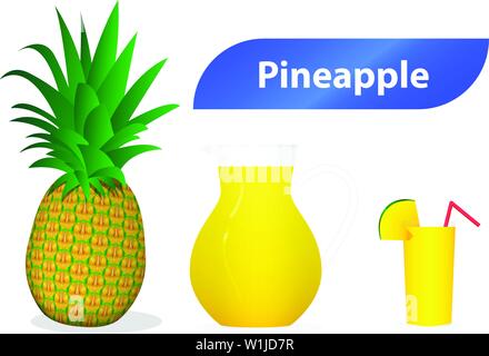 3D pineapple juice isolated on white, vector art design Stock Vector