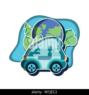electric car with planet earth and tree plants vector illustration design Stock Vector
