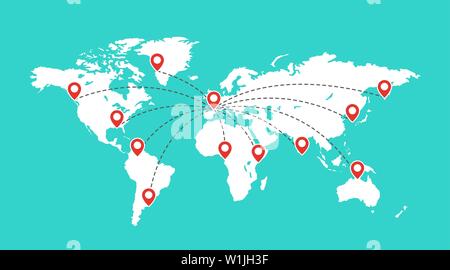 World map with red pointer marks. Globe communication concept. Location pins on travel map Stock Vector