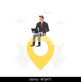 Businessman with a laptop sitting on a big map pointer. Navigation, delivery, office location concept. Stock Vector