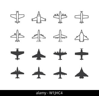 Airplane symbols set. Aircraft, plane icons or signs concept. Stock Vector