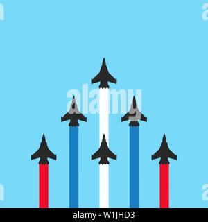 Military jets with colored trails on blue background. Plane show illustration Stock Vector