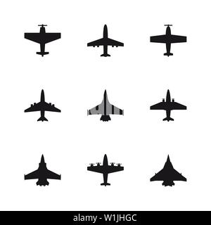 Airplane symbols set. Aircraft, plane, jet black icons. Stock Vector