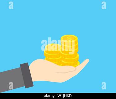 Hand with golden coins stack. Concept of savings, donation, paying illustration. Stock Vector