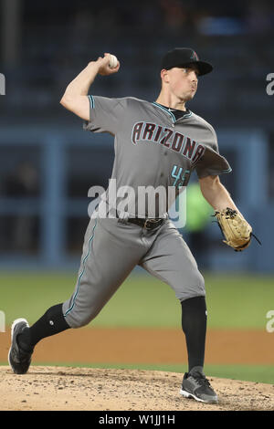 Los Angeles, CA, USA. 2nd July, 2019. Arizona Diamondbacks relief pitcher Taylor Clarke (45) pitches for Arizona during the game between the Arizona Diamondbacks and the Los Angeles Dodgers at Dodger Stadium in Los Angeles, CA. (Photo by Peter Joneleit) Credit: csm/Alamy Live News Stock Photo