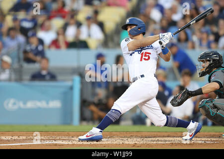 Los Angeles, CA, USA. 2nd July, 2019. Los Angeles Dodgers catcher Austin Barnes (15) singles during the game between the Arizona Diamondbacks and the Los Angeles Dodgers at Dodger Stadium in Los Angeles, CA. (Photo by Peter Joneleit) Credit: csm/Alamy Live News Stock Photo