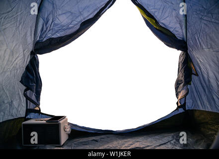 View from inside of tent on white blank background Stock Photo