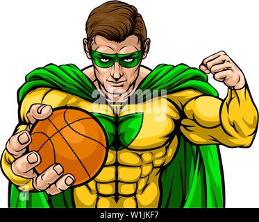 Superhero Holding Basketball Ball Sports Mascot Stock Vector