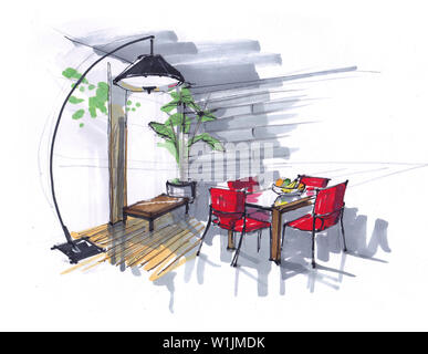 sketch of the dining room. flowers, table and red chairs in the area with large Windows. large designer floor lamp. hand-drawn interior. Stock Photo